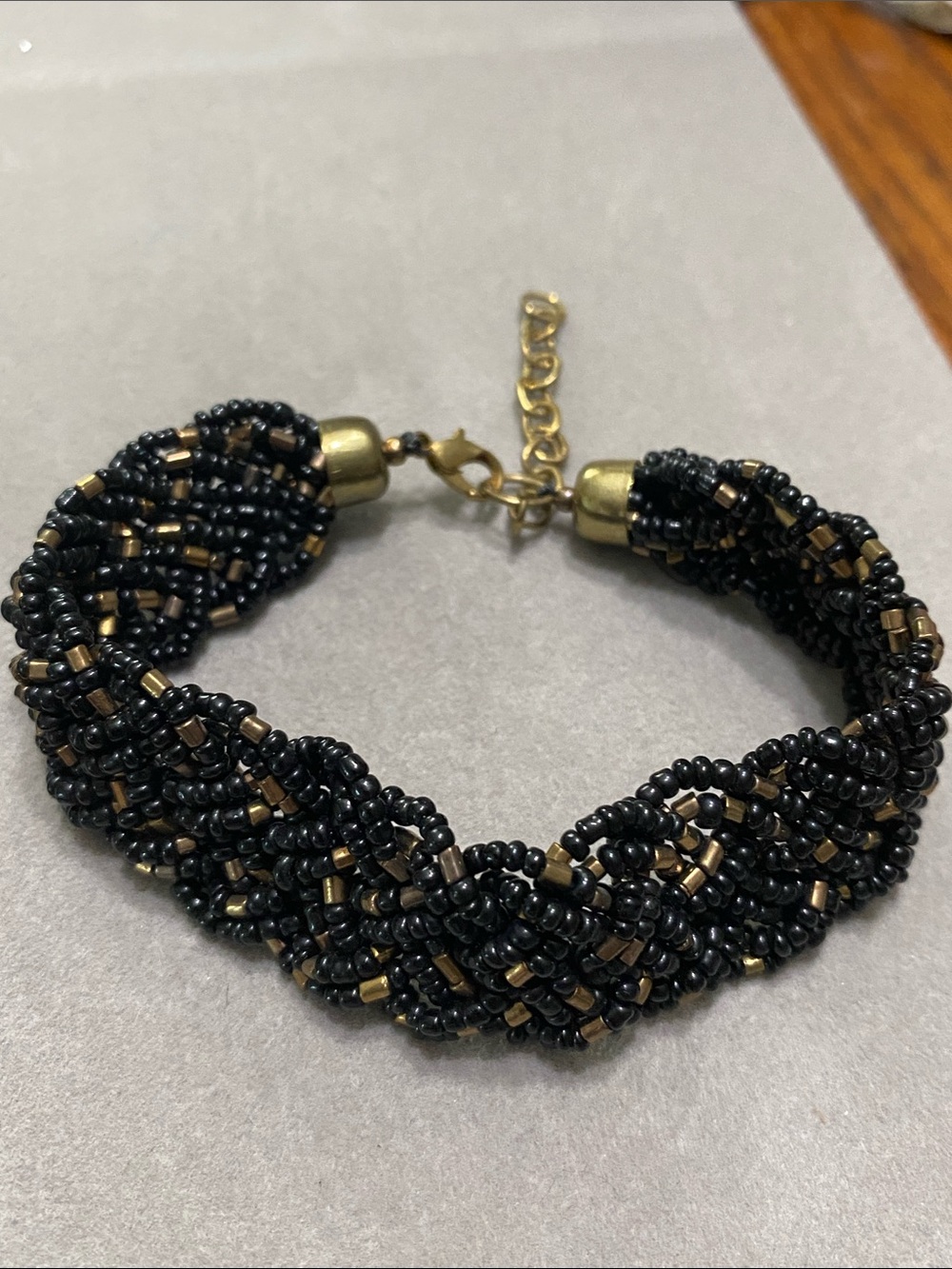 Braided Seed Bead Bracelet in Black and Antique Gold